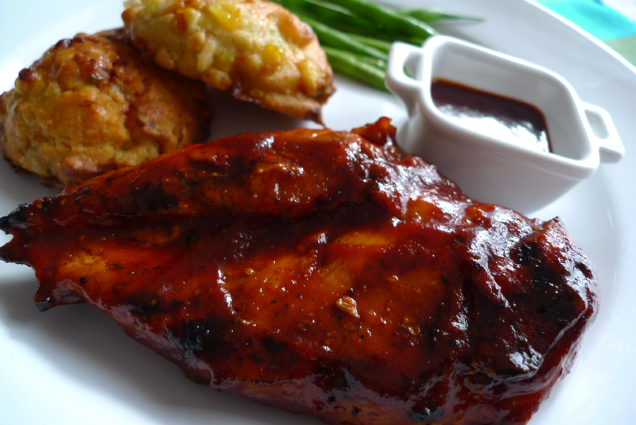 Kansas City BBQ with Cornbread and BBQ Sauce, shown plated with green beans.