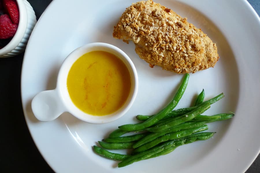 Pretzel Crusted Chicken Breasts & Cheddar Sauce