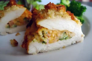 Broccoli and Cheddar Stuffed Chicken showing a panko-topped chicken breast sliced to show cheddar cheese, broccoli, and bacon filling.