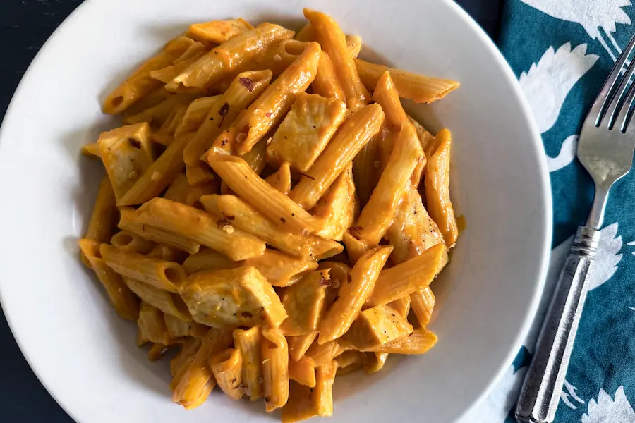 Chicken Penne in Spicy Vodka Sauce plated.