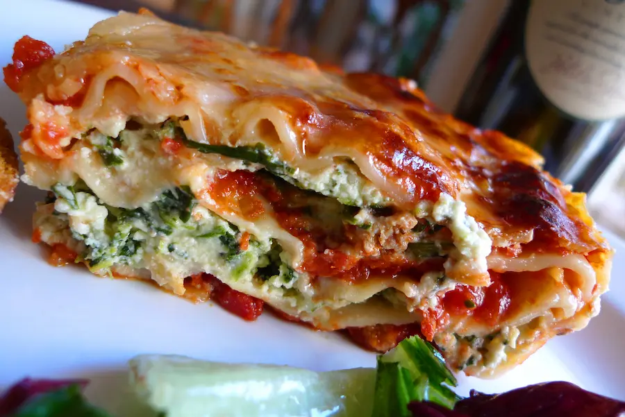 Side view of a slice of Classic Italian Lasagna.