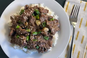 Ginger Beef Stir Fry plated.