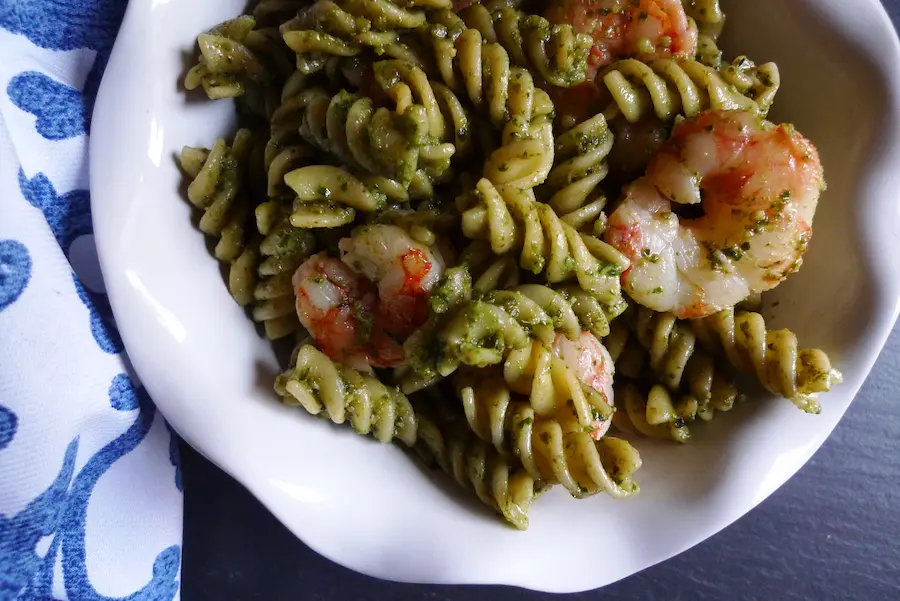 Bowl of Shrimp with Basil Walnut Pesto.