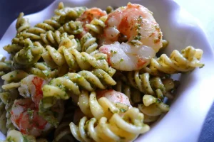 Bowl of Shrimp with Basil Walnut Pesto.